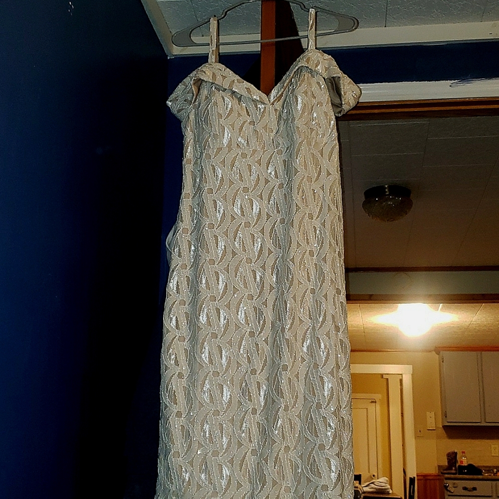 Cream and gold thigh high dress worn once perfect condition sips up in back